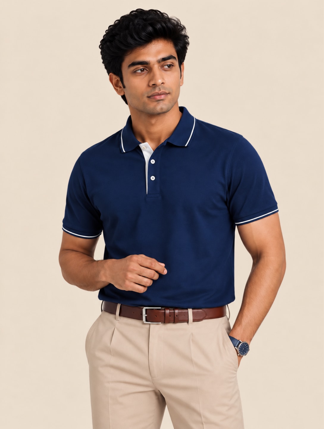 Model in a denim blue Formistry tipped polo