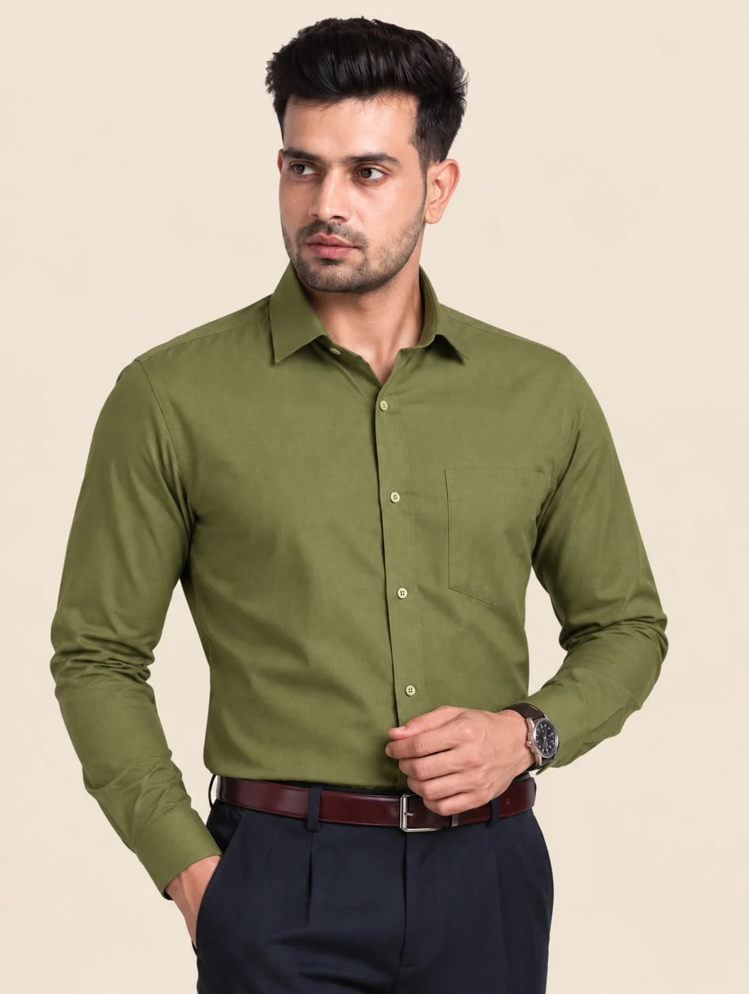 Heritage Cotton Men's Formal Shirt - Olive