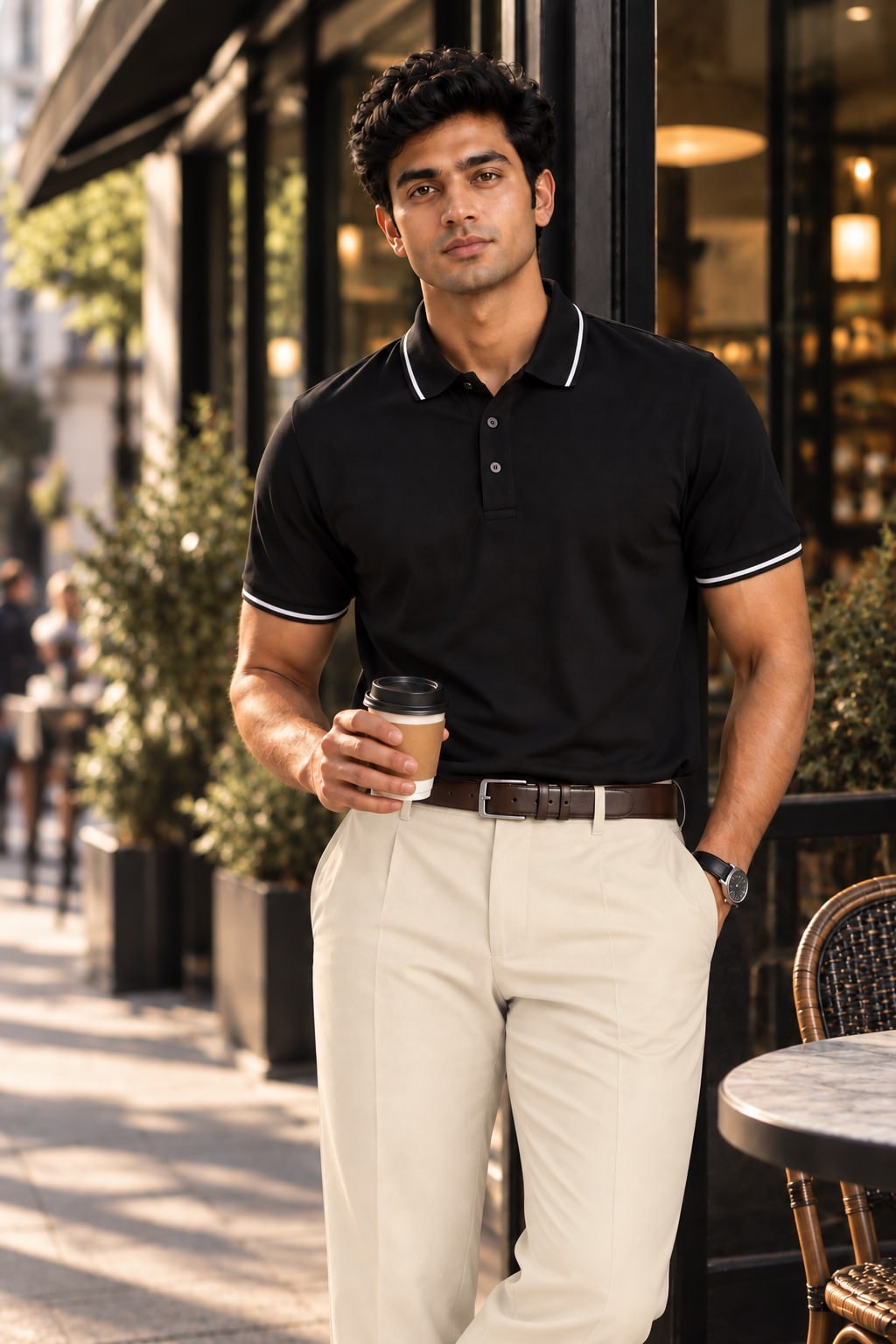 Model outside a cafe in a black Formistry tipped polo and cream trousers