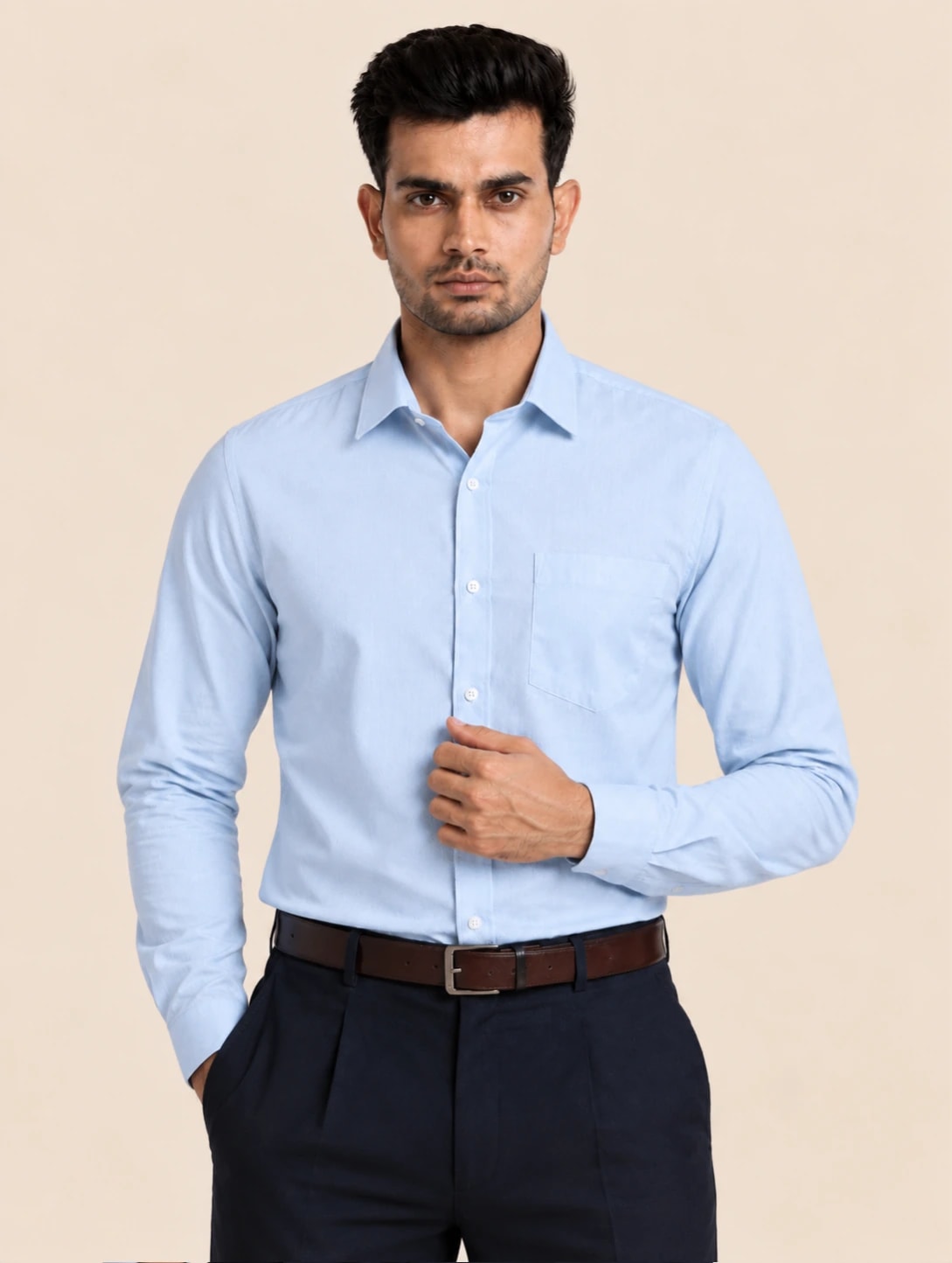 Model in the icy blue Heritage Cotton formal shirt
