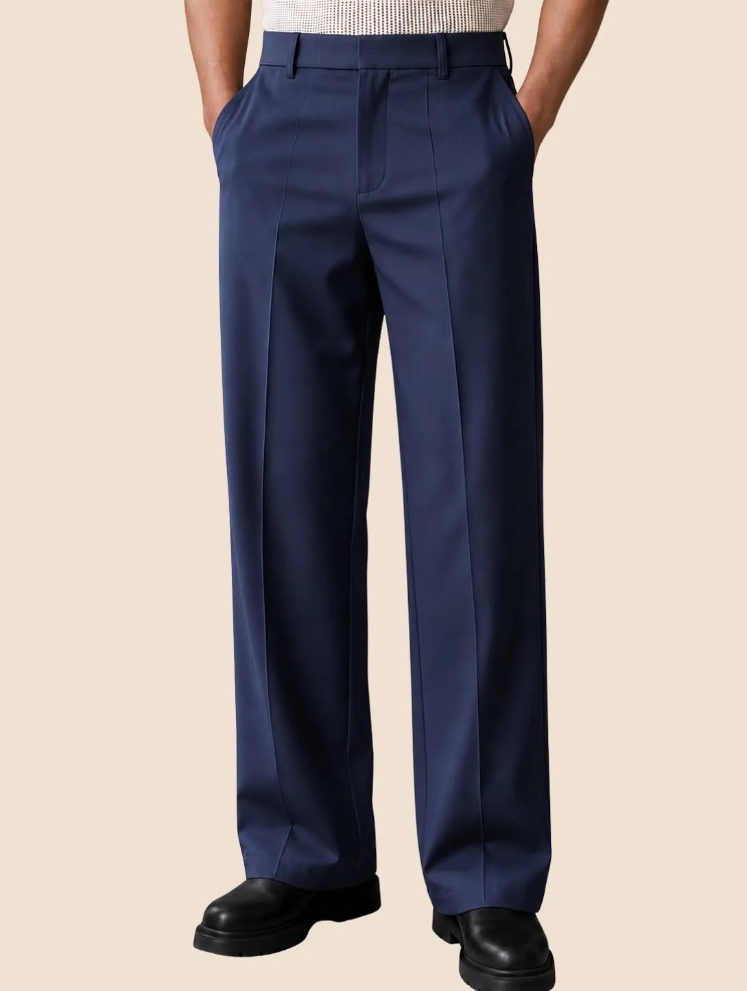 Model in the midnight blue Milano straight fit trousers