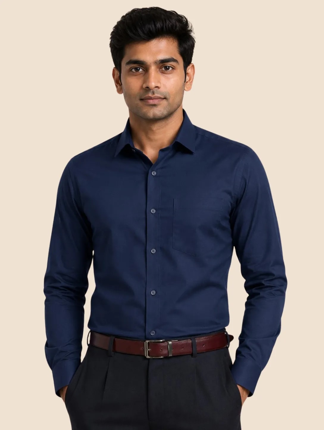 Model in the navy Signature TR boardroom shirt
