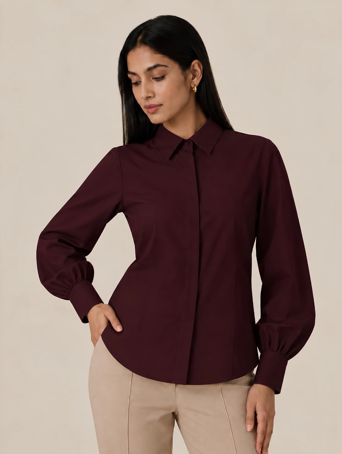 Model in the burgundy Signature TR Victorian shirt