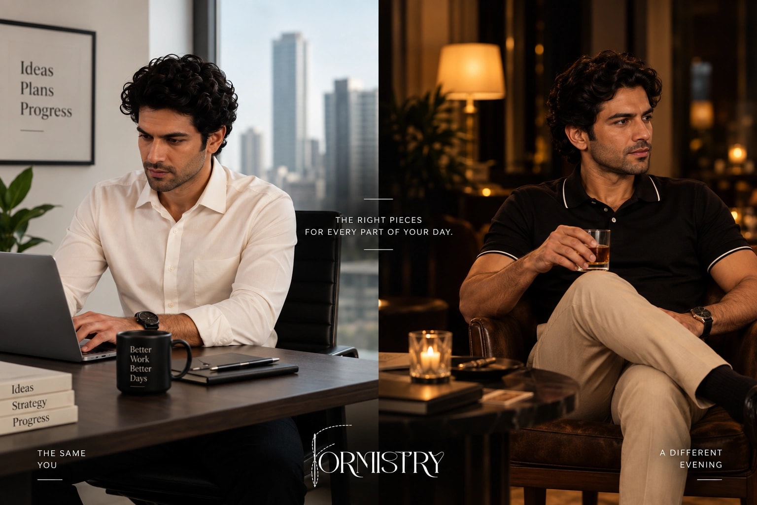 The same shirt at a desk by day and in a bar by night